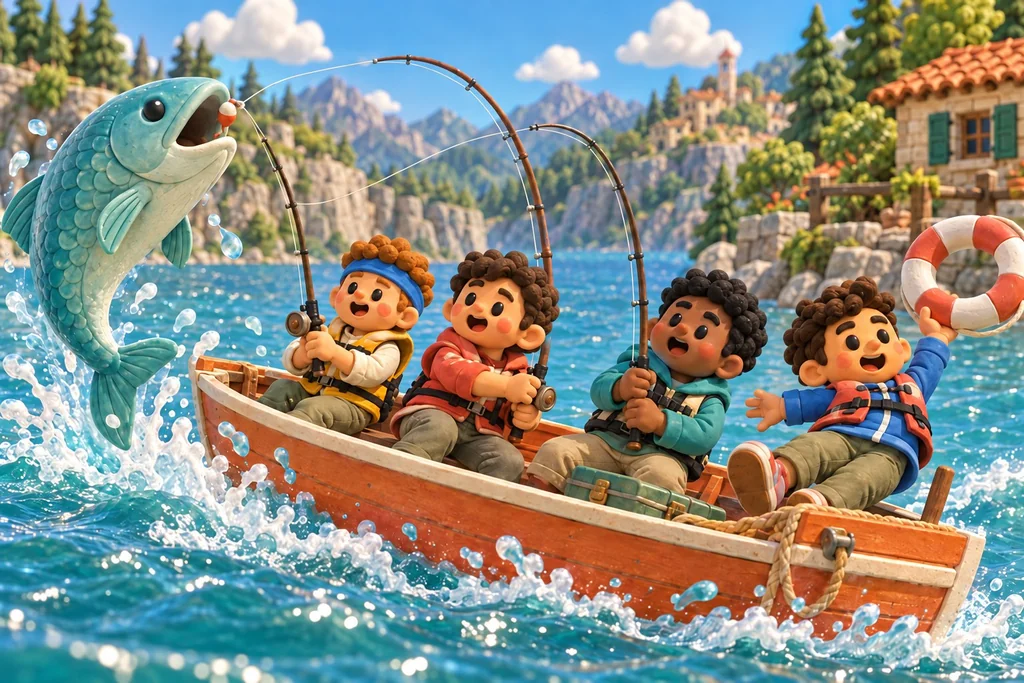 Clay friends in a tiny fishing boat try to reel in an enormous fish.