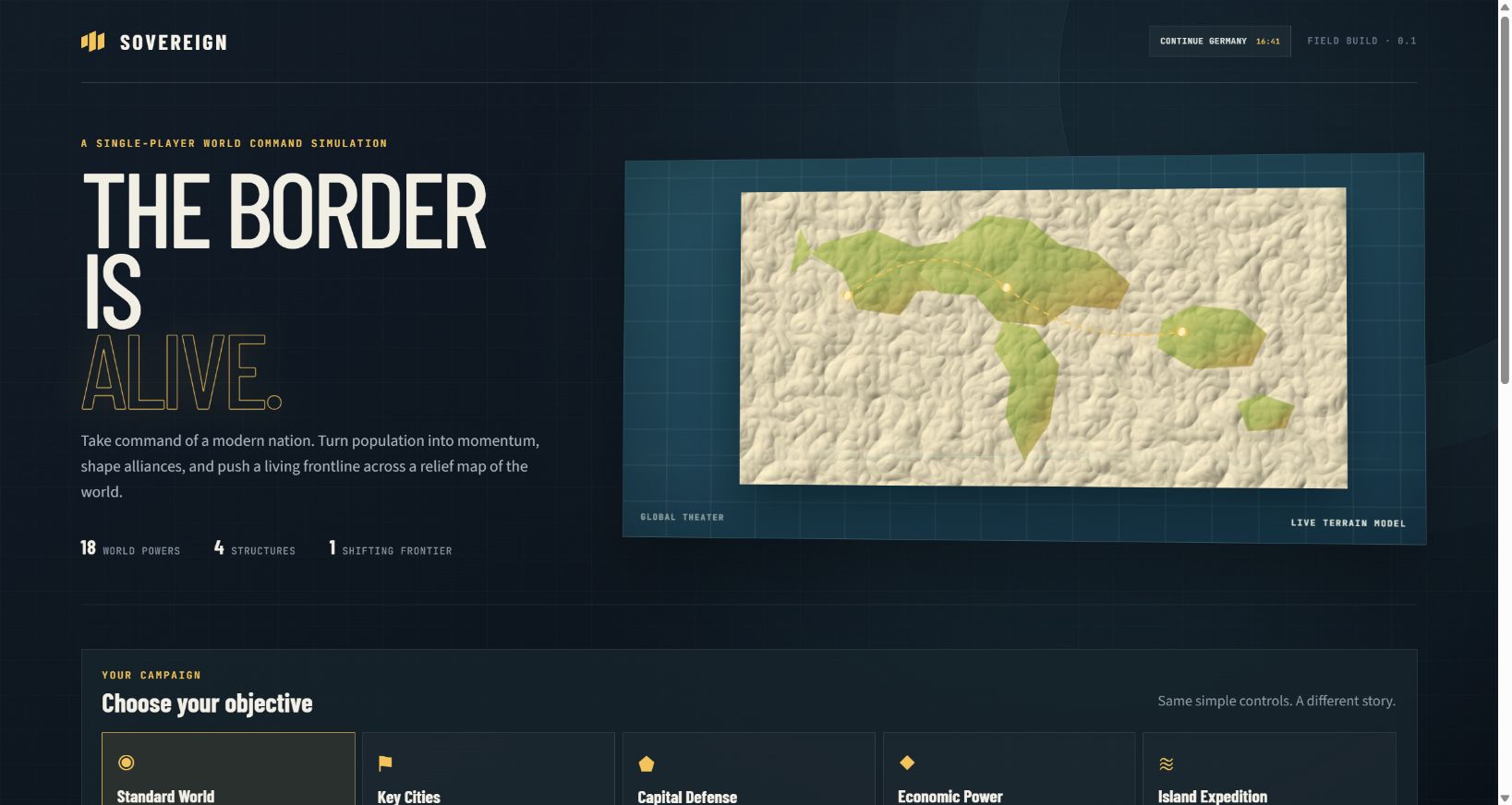 Project Sovereign's public entry screen with a relief map of the world.